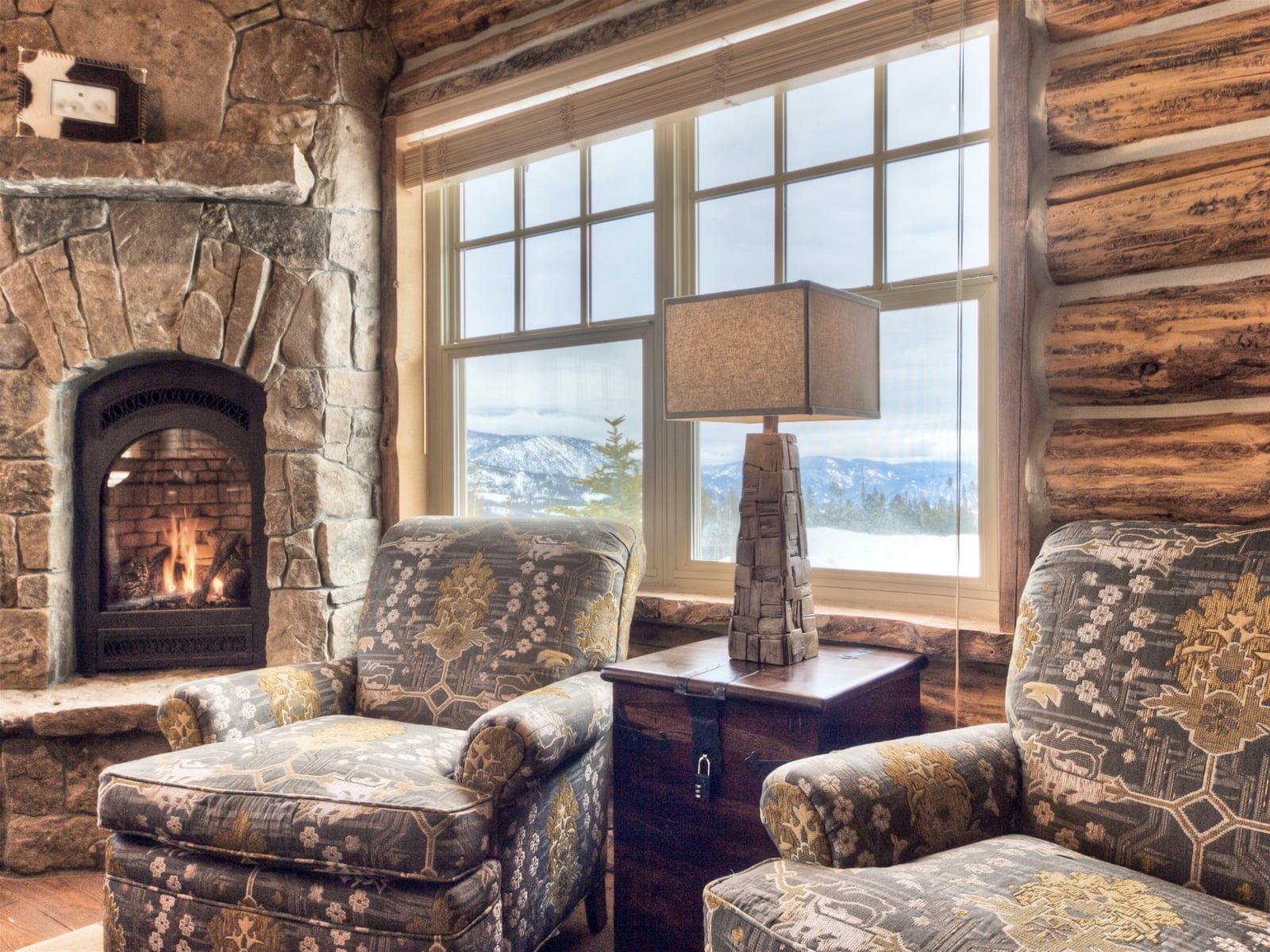 a living room with a fireplace