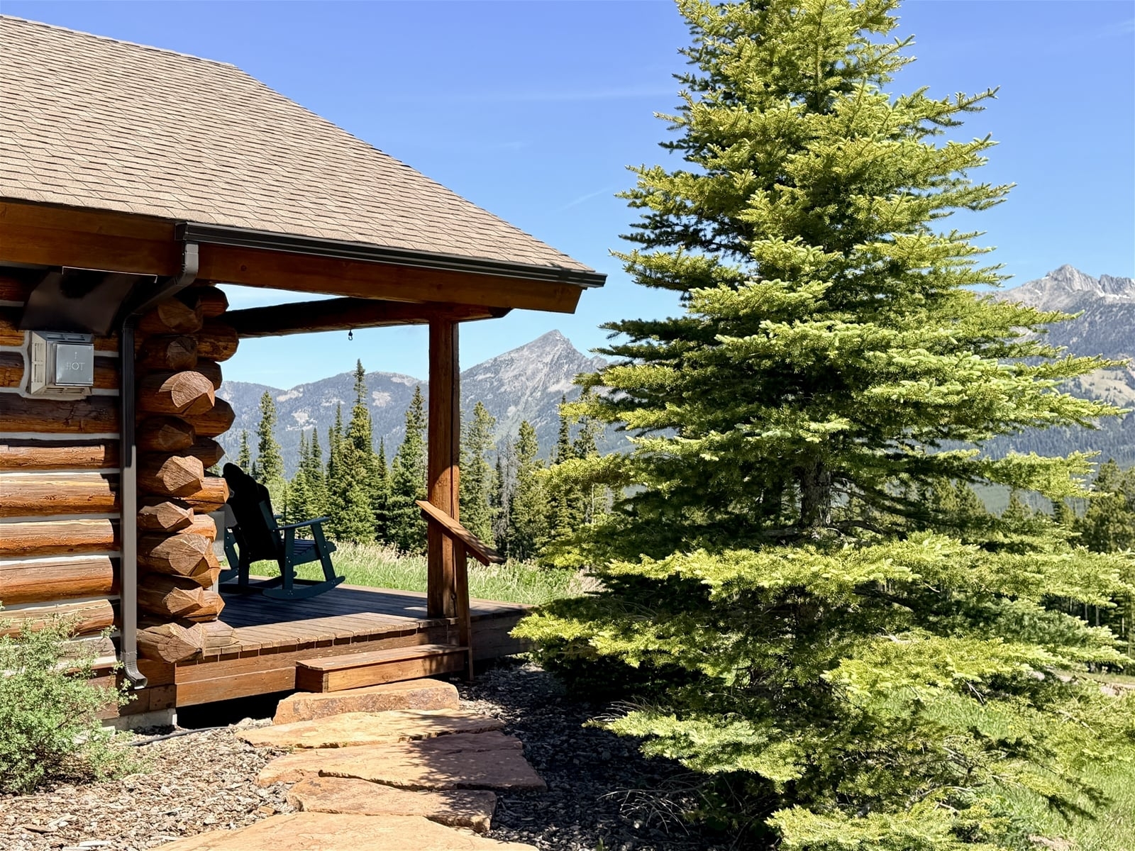a cabin with a tree in the front
