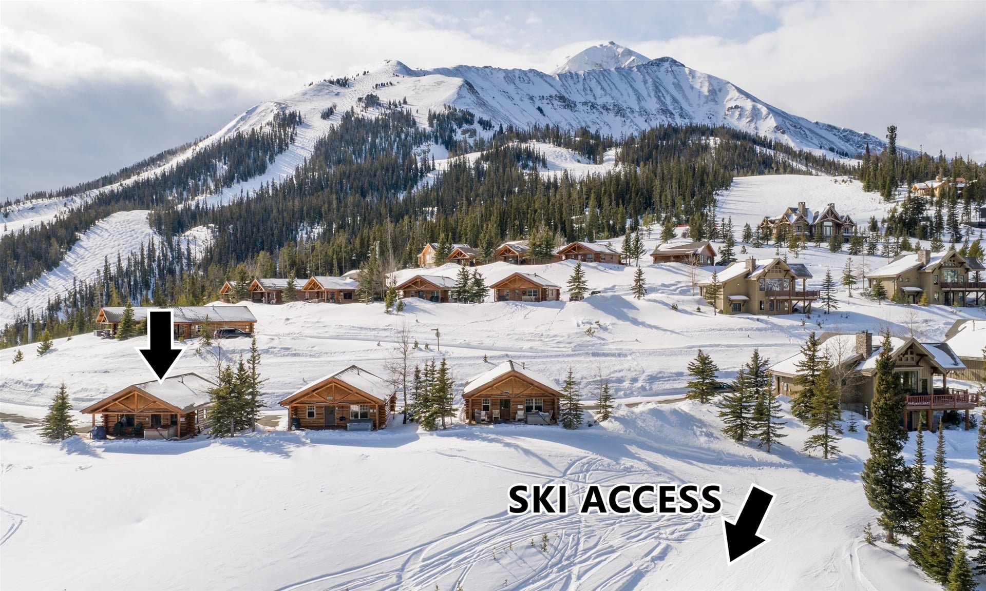 a group of houses in a snowy area