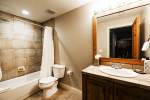 Full bathroom in the den with showertub combo and single vanity
