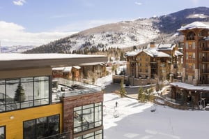 Aerial view of the private patio and ski hill at Lift 601
