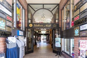 Galleria Mall on Main Street, signage for local shops with indoor plaza for access
