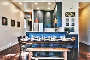 Dining room table with seating for 8 with builtin dining bench and solid wood dining bench