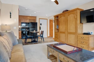 Living room looks into the kitchen and dining area