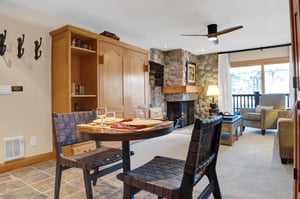 The dining area overlooks the living room