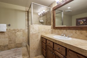 Guest bathroom features a beautiful tiled walkin shower and separate jetted tub