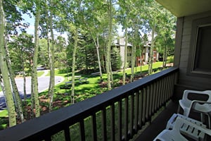 Summer view from the private patio looking over the common BBQ area and the Aspen grove