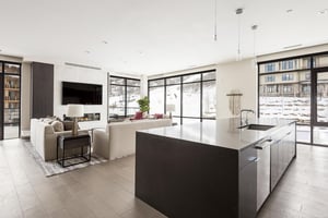 Open floor plan, kitchen overlooking the living room hardwood floors throughout and abundant natural light with window walls