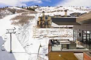Aerial view of the private patio and ski hill at Lift 601