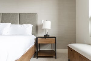 Guest bedroom accent side table, wooden with storage drawer