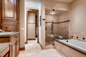 Lavish main bathroom with tiled shower and glass paneled doors and separate large soaking tub with granite and tile surround