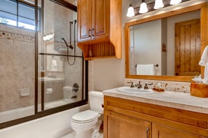 Fine ensuite full bath with tiled step in showertub combo, vanity lighting above the mirror