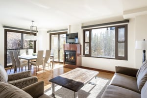 Living room with granite surround fireplace and flat screen TV separating the living and dining room
