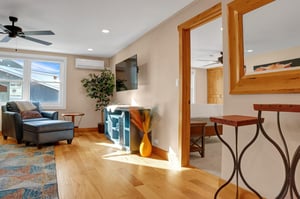 Hardwood floors throughout the living room, living area leads to the bedroom