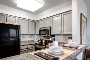 Snow Flower 12s kitchen has light grey cabinetry, stainless steel stove, microwave, black fridge and breakfast bar set for 2.