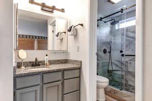 The attached bathroom has grey cabinets, large mirror and light and separate door to a room with a toilet and shower.