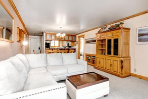 Snow Flower 43s living room has a wooden wall cabinet with shelves and doors for storage and décor on top.
