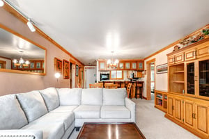 Snow Flower 43s living room looks into the dining area and kitchen and has cream colored carpet and wood trim.