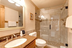 Snow Flower 43s bathroom offers a cream tiled walkin shower, white toilet, and one sink vanity with mirror and light.