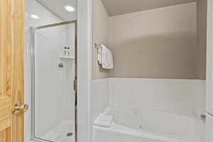Snow Flower 72s bathroom with greige walls, white built in bathtub, and white walk in shower.