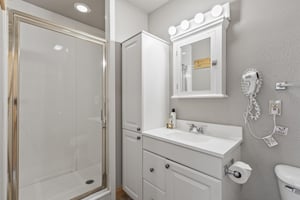 Snow Flower 72s bathroom with greige walls, white cabinets, and white walk in shower.