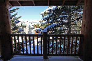 Private covered patio surrounded by snow covered trees.