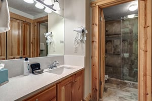 Main suite bathroom with one sink vanity and walk in tiled shower.
