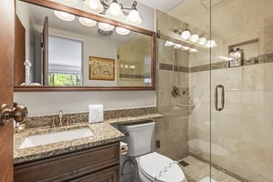 Snow Flower 135s en suite bathroom with walk in tiled shower, wooden cabinet and granite vanity.
