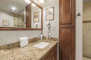 Snow Flower 135s en suite bathroom with a built in wooden cabinet, granite vanity, sink, large mirror, and vanity light.
