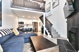 Living room, dining area and kitchen