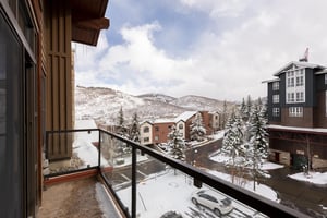 Park City Resort plaza views from the private balcony on a beautiful snowy day