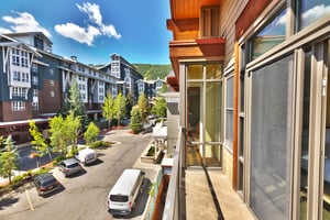 Views of the Park City plaza on a sunny summer day with green vibrant trees