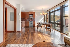 Lowell 402s open concept living room, dining area, and kitchen.