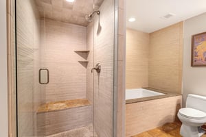 Lowell 402s bathroom with walk in shower and deep soaker tub.