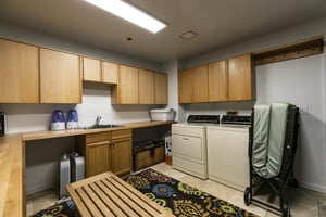 A spacious laundry room with a lot of storage cabinets.