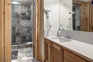Main suite bathroom with tiled walk in shower and single sink vanity.