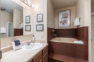 The en suite bathroom with a deep soaker tub and single sink vanity.