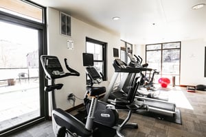 Lowell fitness center with stationary bikes, treadmill, and Pelaton