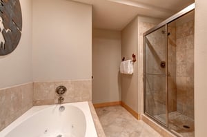 The en suite bathroom has a walkin shower and deep soaker bathtub.