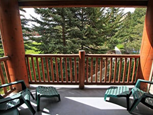 The private patio surrounded be beautiful evergreen trees in the summer.