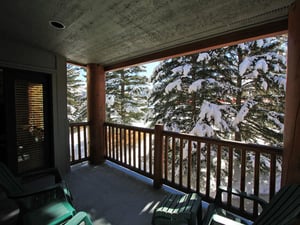 The private patio surrounded be beautiful evergreen trees covered in snow in the winter.