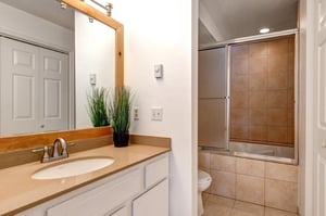 The en suite bathroom has a single sink vanity and a separate water closet with a bathtub and shower combination.