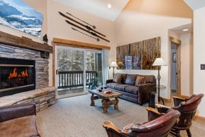 Snow Flower 156 has a spacious living area with comfortable leather seating.