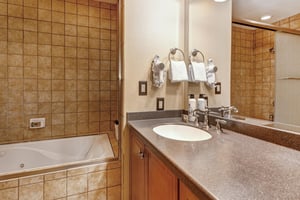 The second bathroom has a bathtub and shower combination.