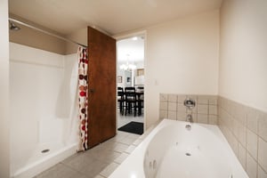 Ensuite main bathroom features a walkin shower with a shower curtain