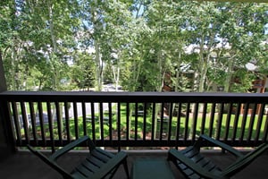 A summer view from the private patio looks over a grove of Aspen trees