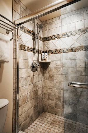 Tiled main shower with glass sliding door and hand held shower