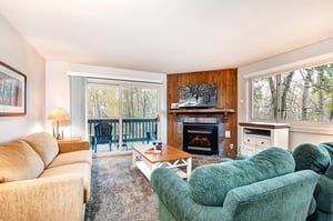 Snow Flower 150 has a cozy living room surrounded by beautiful forest views.
