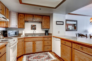 Park Station 218 has a wellequipped kitchen with wood cabinets.