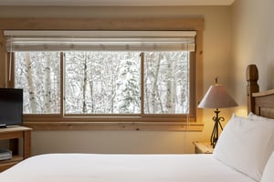 The main bedroom offers a large picture window with views of the forest covered in snow.